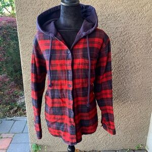 American Eagle Red and Navy Plaid Flannel Bella Hoodie Medium